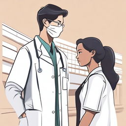 An illustration of a young Korean male doctor and a black female nurse standing with their backs to the viewer