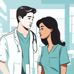 An illustration of a young Korean male doctor and a black female nurse standing with their backs to the viewer