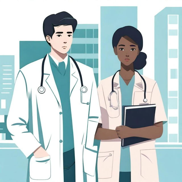 An illustration of a young Korean male doctor and a black female nurse standing with their backs to the viewer