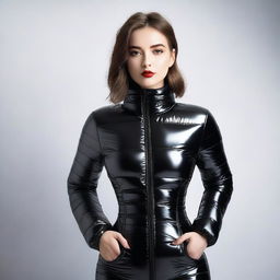 A stylish and confident girl wearing a tight black shiny puffer corset