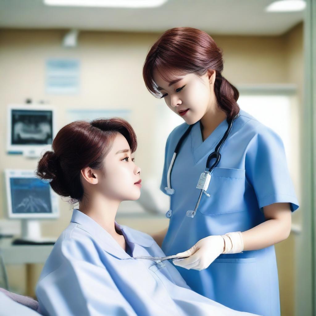 Park Jimin, an attractive doctor, and a Black female nurse looking at each other romantically in a hospital setting