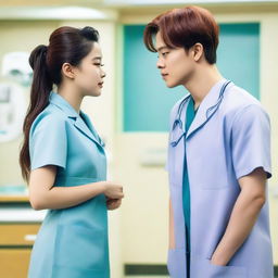 Park Jimin, an attractive doctor, and a Black female nurse looking at each other romantically in a hospital setting