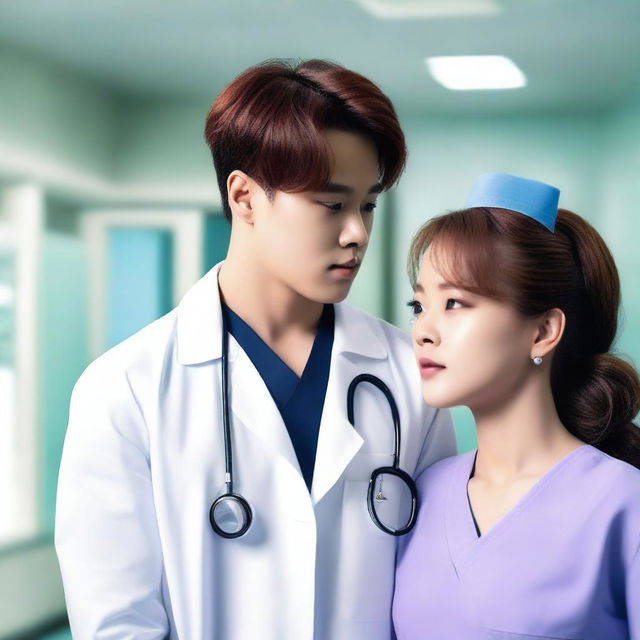 Park Jimin, an attractive doctor, and a Black female nurse looking at each other romantically in a hospital setting