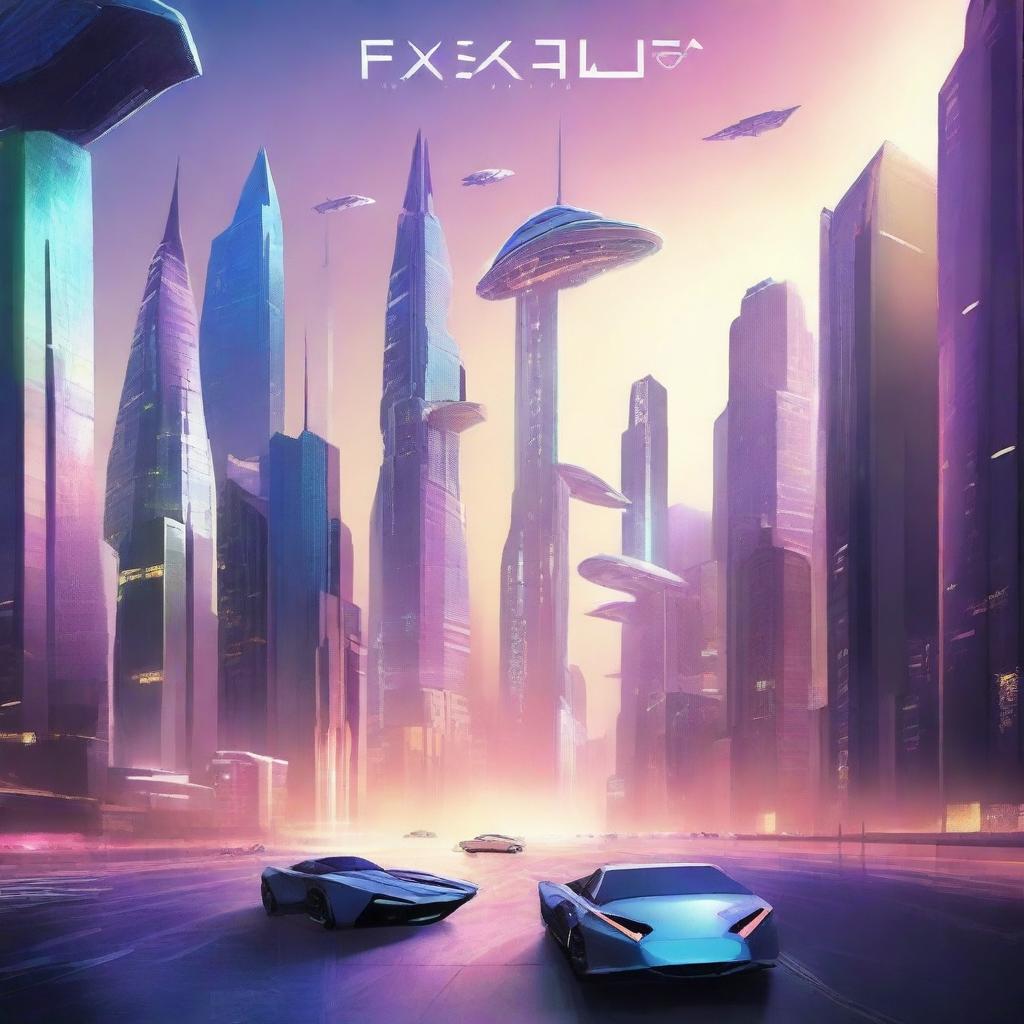 A captivating book cover featuring a futuristic sci-fi landscape with towering skyscrapers, flying cars, and a glowing cityscape