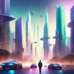 A captivating book cover featuring a futuristic sci-fi landscape with towering skyscrapers, flying cars, and a glowing cityscape