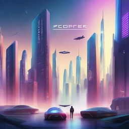 A captivating book cover featuring a futuristic sci-fi landscape with towering skyscrapers, flying cars, and a glowing cityscape