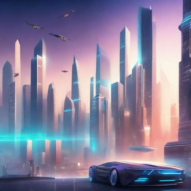 A captivating book cover featuring a futuristic sci-fi landscape with towering skyscrapers, flying cars, and a glowing cityscape