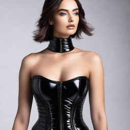 A stylish and confident woman wearing a tight black shiny puffer corset