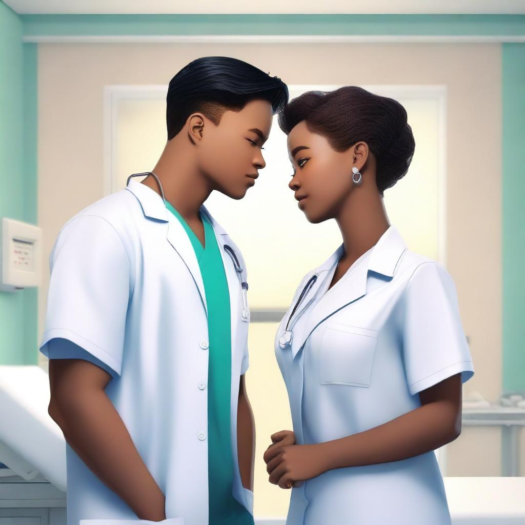 Park Jimin, an attractive doctor, and a Black female nurse looking at each other romantically in a hospital setting