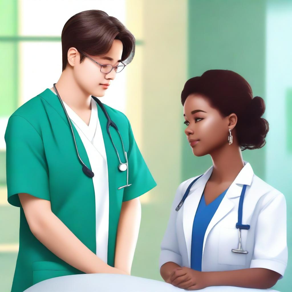 Park Jimin, an attractive doctor, and a Black female nurse looking at each other romantically in a hospital setting