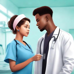 Park Jimin, an attractive doctor, and a Black female nurse looking at each other romantically in a hospital setting