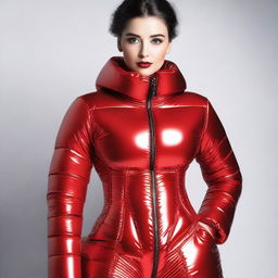 A stylish and confident woman wearing a tight red shiny puffer corset