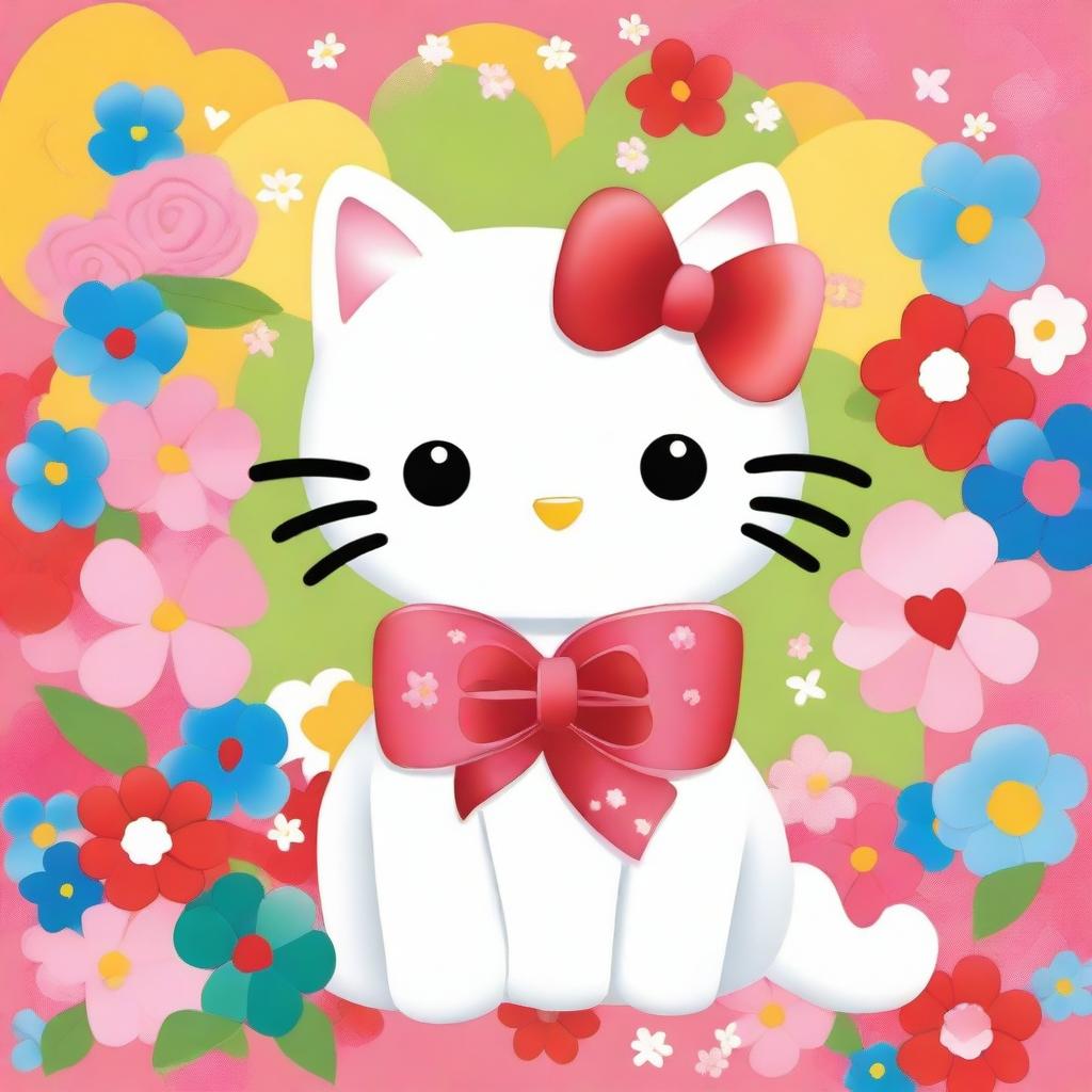 A cute and adorable image of Hello Kitty, the iconic white cat with a red bow on her ear, standing in a colorful and playful background with flowers and hearts