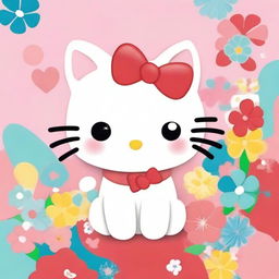 A cute and adorable image of Hello Kitty, the iconic white cat with a red bow on her ear, standing in a colorful and playful background with flowers and hearts