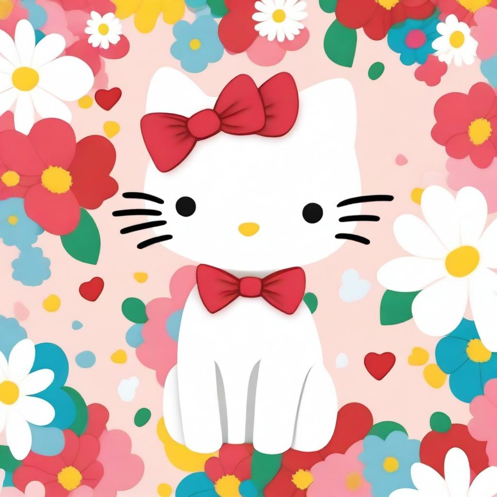 A cute and adorable image of Hello Kitty, the iconic white cat with a red bow on her ear, standing in a colorful and playful background with flowers and hearts