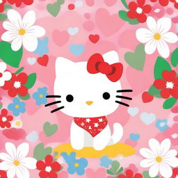 A cute and adorable image of Hello Kitty, the iconic white cat with a red bow on her ear, standing in a colorful and playful background with flowers and hearts