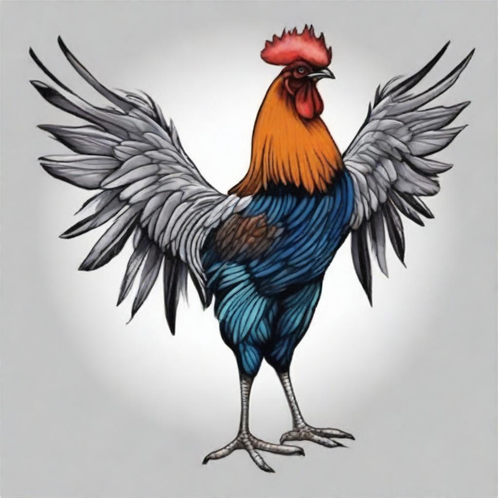 A detailed illustration of a farm rooster with its wings spread wide, shown in a three-quarter view