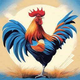 A detailed illustration of a farm rooster with its wings fully extended