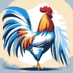 A detailed illustration of a farm rooster with its wings fully extended