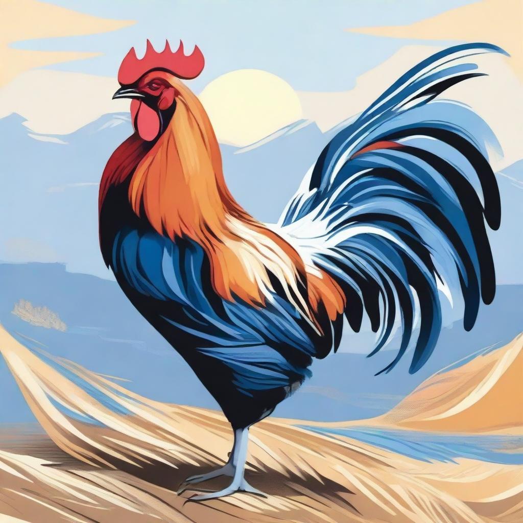 A detailed illustration of a farm rooster with its wings fully extended