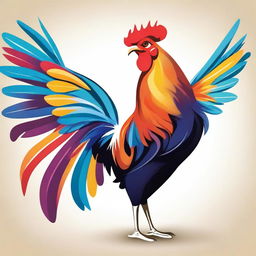 A detailed illustration of a rooster facing forward with its wings fully extended