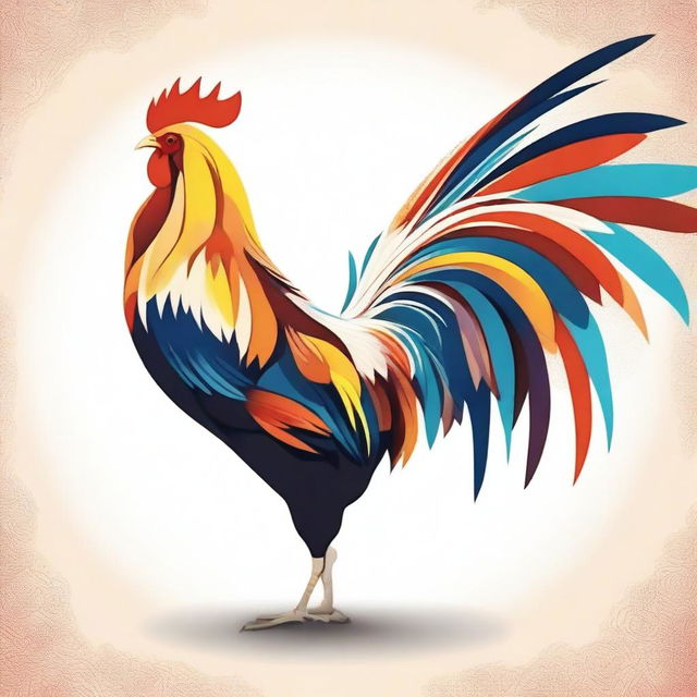 A detailed illustration of a rooster facing forward with its wings fully extended