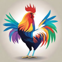 A detailed illustration of a rooster facing forward with its wings fully extended