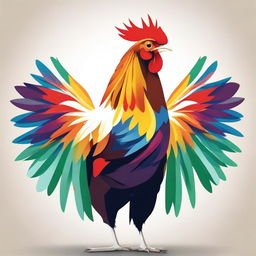 A detailed illustration of a rooster facing forward with its wings fully extended