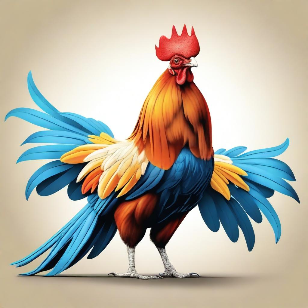 A realistic illustration of a rooster facing forward with its wings fully extended