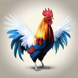 A realistic illustration of a rooster facing forward with its wings fully extended