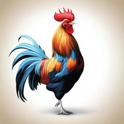 A realistic illustration of a rooster facing forward with its wings fully extended