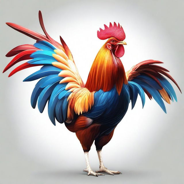 A realistic illustration of a rooster facing forward with its wings fully extended