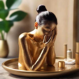 A serene scene of a person washing their face with a golden necega