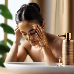 A serene scene of a person washing their face with a golden necega