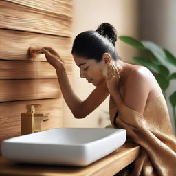 A serene scene of a person washing their face with a golden necega