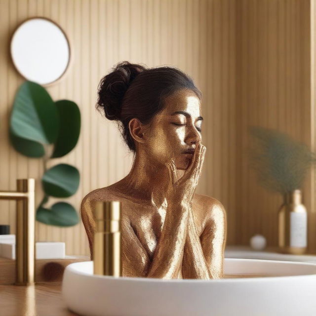 A serene scene of a person washing their face with a golden necega