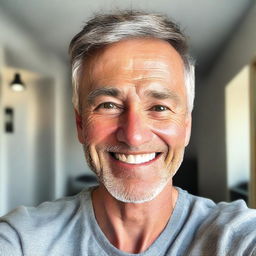 A realistic selfie of a man, smiling and looking directly at the camera