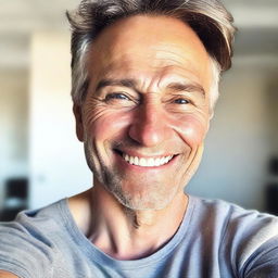 A realistic selfie of a man, smiling and looking directly at the camera