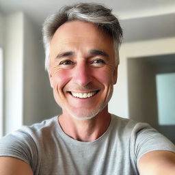 A realistic selfie of a man, smiling and looking directly at the camera