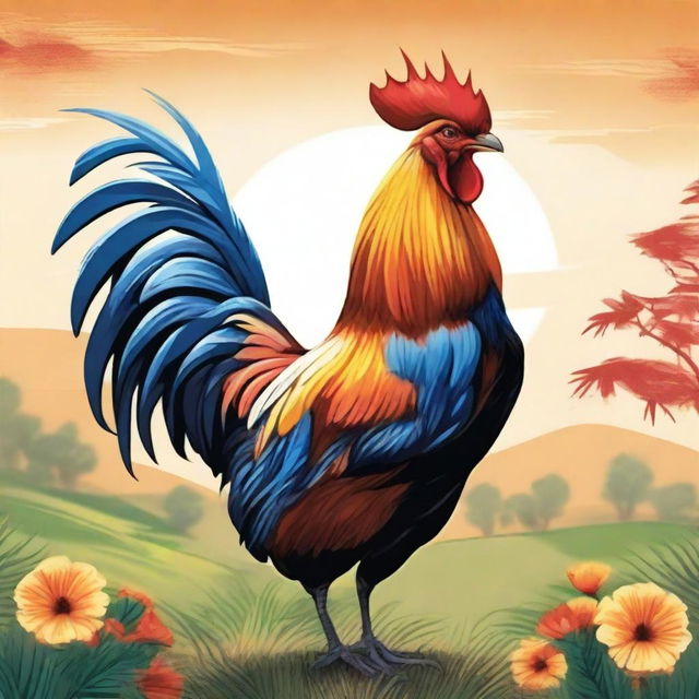 A detailed illustration of a rooster, showcasing its vibrant feathers and majestic stance