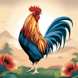 A detailed illustration of a rooster, showcasing its vibrant feathers and majestic stance