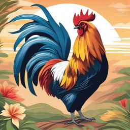 A detailed illustration of a rooster, showcasing its vibrant feathers and majestic stance