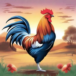 A detailed illustration of a rooster, showcasing its vibrant feathers and majestic stance