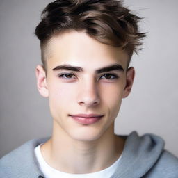 A 19-year-old boy with brown hair styled down to his eyebrows