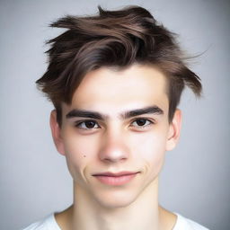 A 19-year-old boy with brown hair styled down to his eyebrows