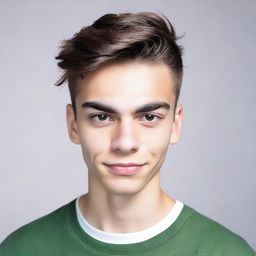 A 19-year-old boy with brown hair styled down to his eyebrows