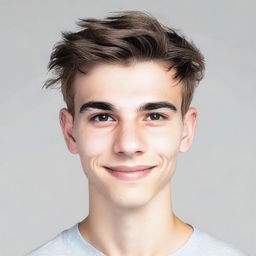 A 19-year-old boy with brown hair styled down to his eyebrows