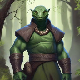 A detailed portrait of a lizardfolk monk man with scales and sharp features, standing in a rocky clearing within a lush forest