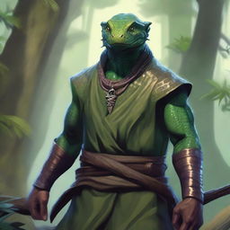 A detailed portrait of a lizardfolk monk man with scales and sharp features, standing in a rocky clearing within a lush forest