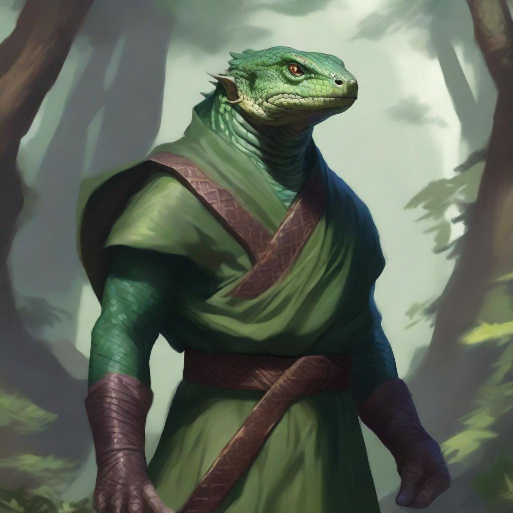 A detailed portrait of a lizardfolk monk man with scales and sharp features, standing in a rocky clearing within a lush forest